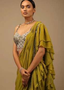 Moss Green Ready To Wear Ruffle Saree With A Heavy Sequins And Cut Dana Embroidered Crop Top