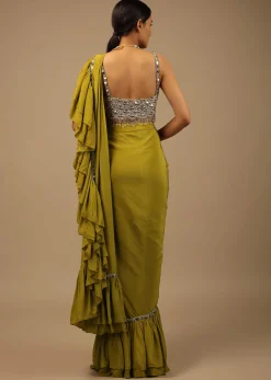 Moss Green Ready To Wear Ruffle Saree With A Heavy Sequins And Cut Dana Embroidered Crop Top