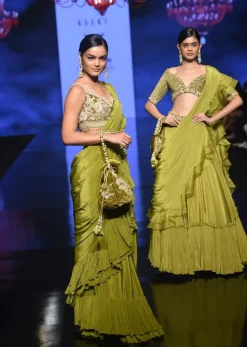 Moss Green Readymade Ruffle Saree In Crepe With Multi Colored Hand Embroidered Floral Blouse
