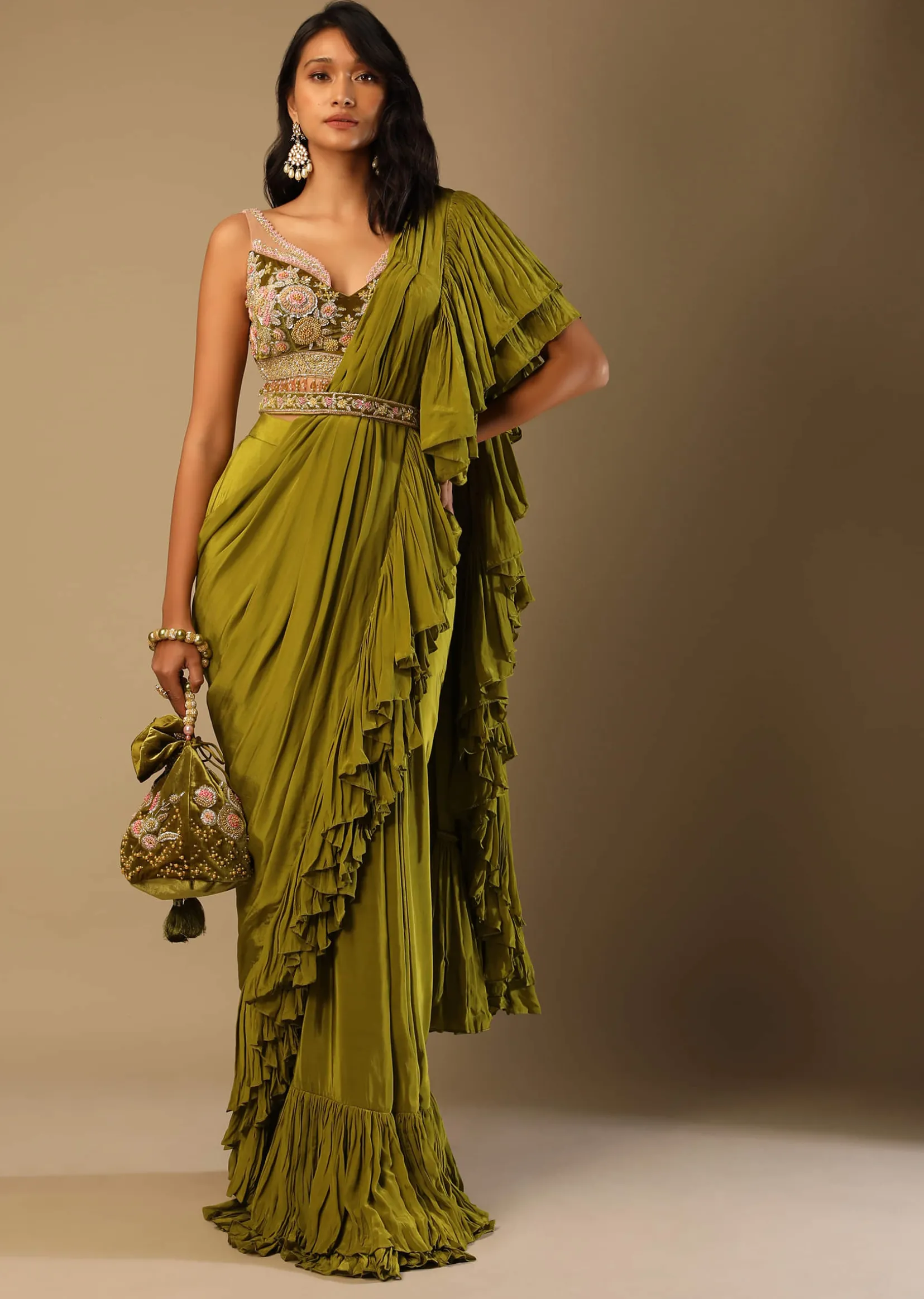 Moss Green Readymade Ruffle Saree In Crepe With Multi Colored Hand Embroidered Floral Blouse