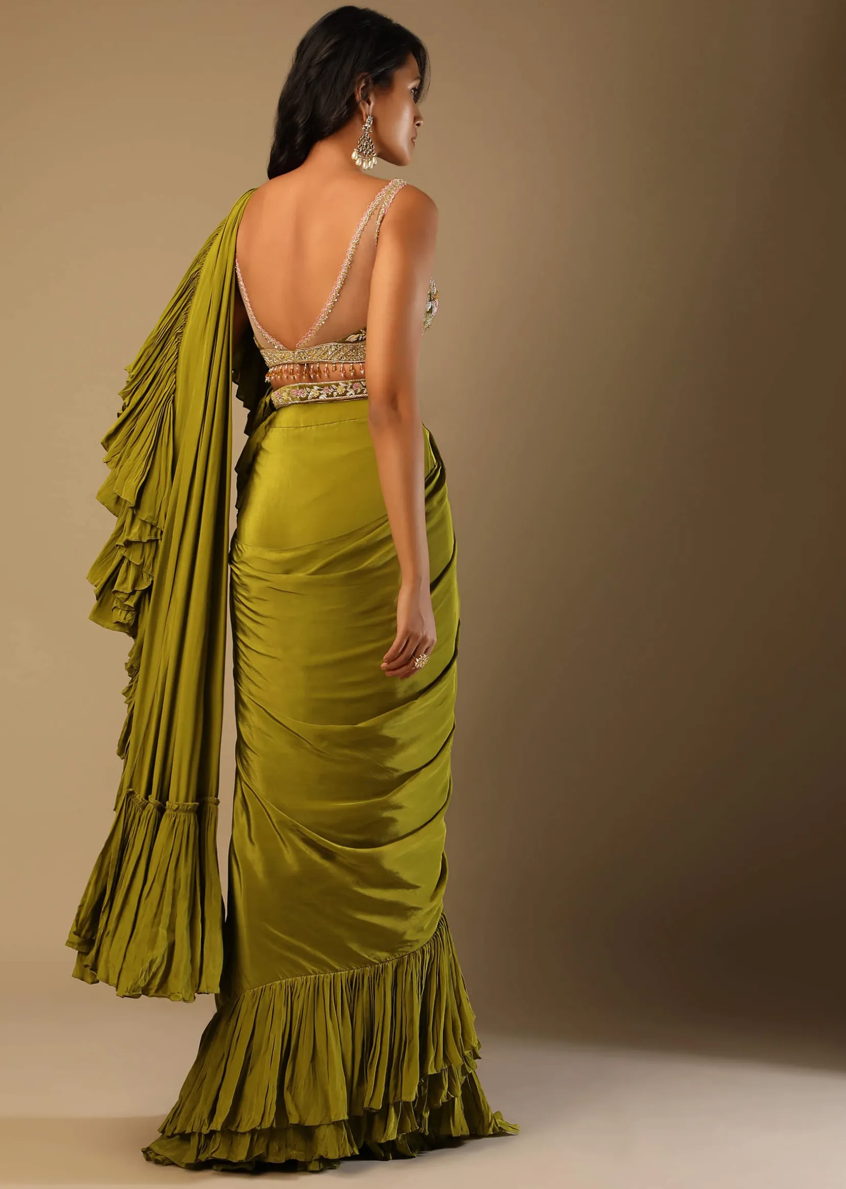 Moss Green Readymade Ruffle Saree In Crepe With Multi Colored Hand Embroidered Floral Blouse