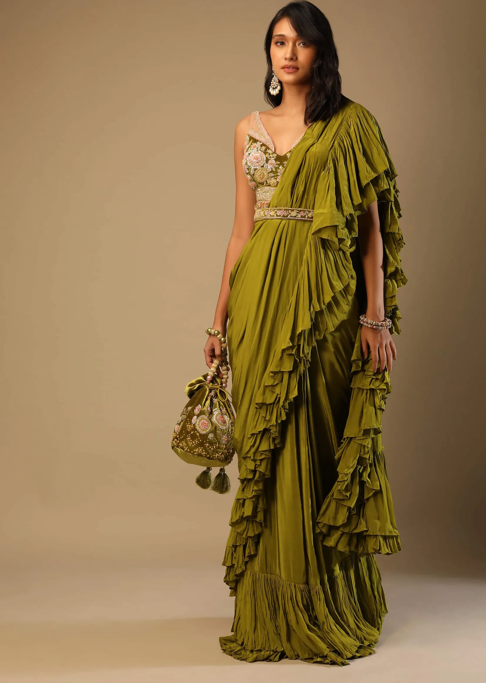 Moss Green Readymade Ruffle Saree In Crepe With Multi Colored Hand Embroidered Floral Blouse