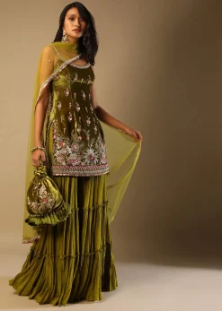 Moss Green Sharara Suit In Velvet With Multi Colored Hand Embroidery In Floral Motifs
