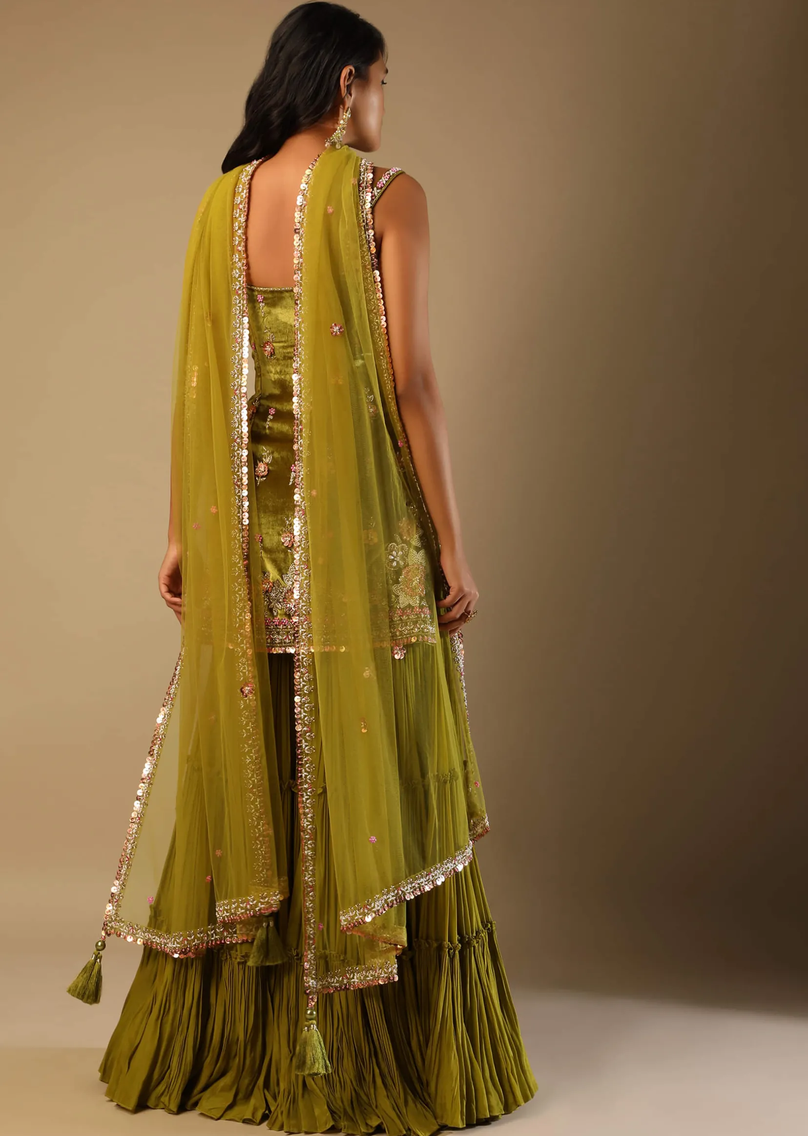 Moss Green Sharara Suit In Velvet With Multi Colored Hand Embroidery In Floral Motifs