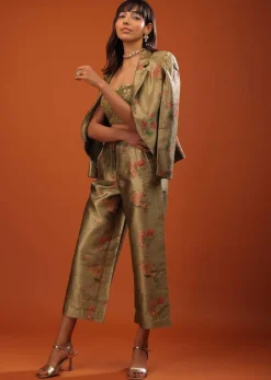 Moss Green Three-Piece Suit In Woven Floral Motifs With Cropped Pants And Sequin Bustier