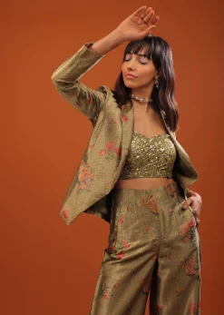 Moss Green Three-Piece Suit In Woven Floral Motifs With Cropped Pants And Sequin Bustier