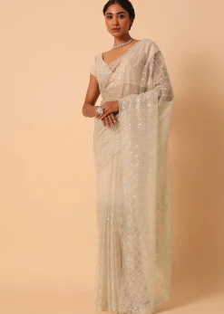 Mouse Grey Sequin Saree In Organza With Cutdana Work And Unstitched Blouse Piece