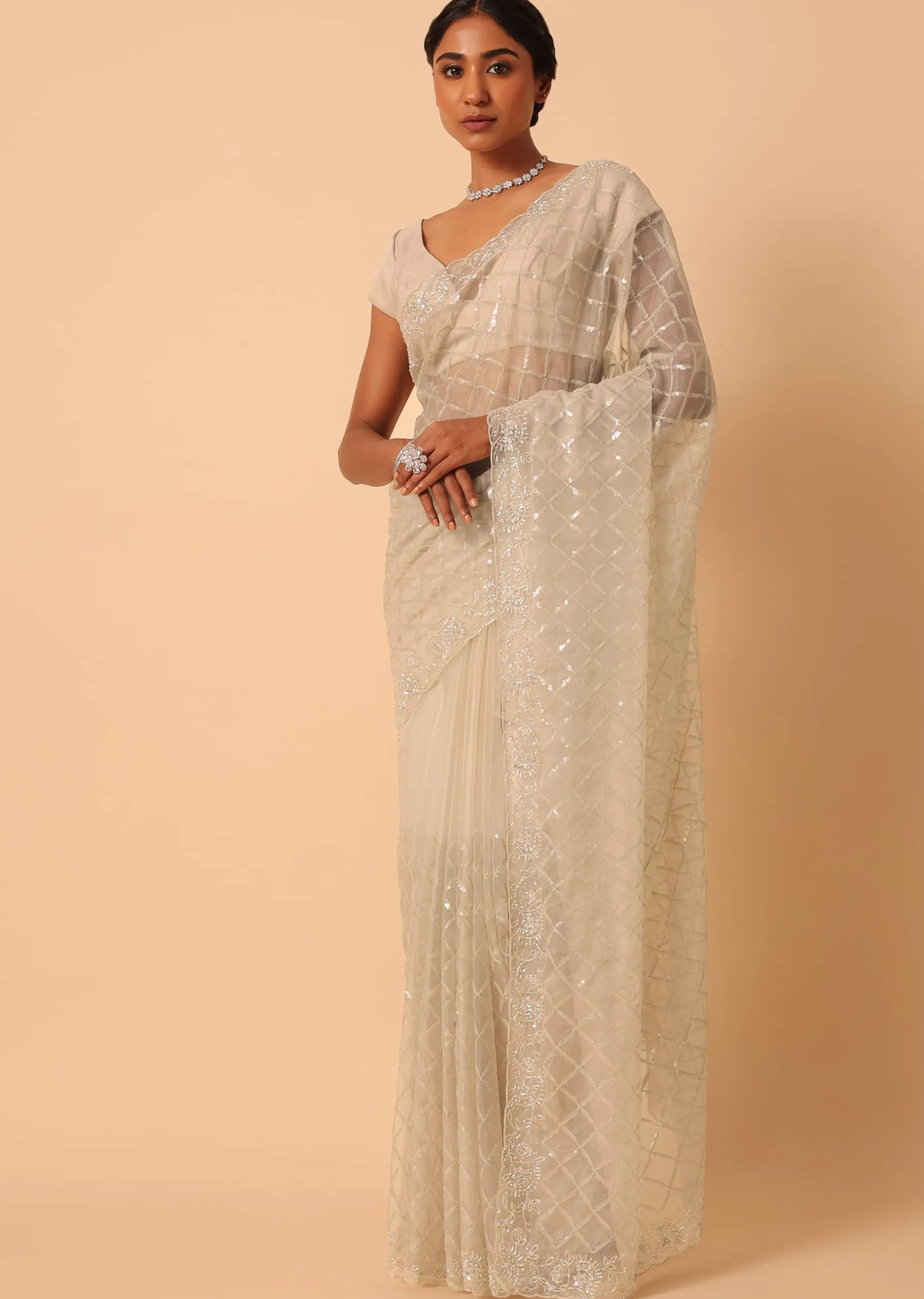 Mouse Grey Sequin Saree In Organza With Cutdana Work And Unstitched Blouse Piece