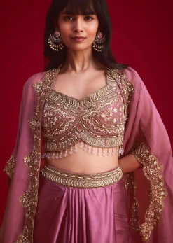 Mulberry Pink Embroidered Croptop And Draped Skirt With Organza Jacket