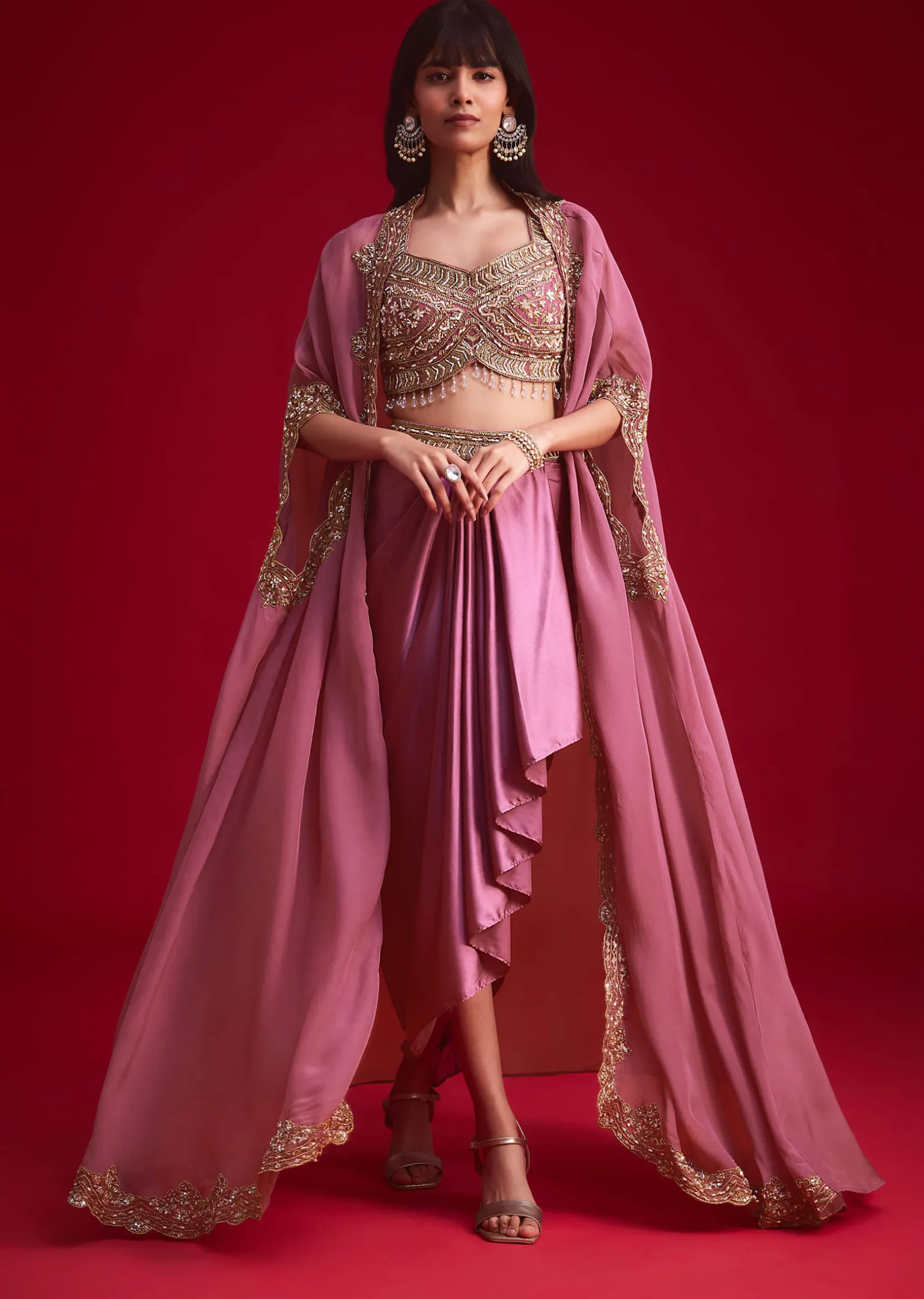 Mulberry Pink Embroidered Croptop And Draped Skirt With Organza Jacket
