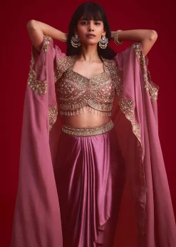 Mulberry Pink Embroidered Croptop And Draped Skirt With Organza Jacket