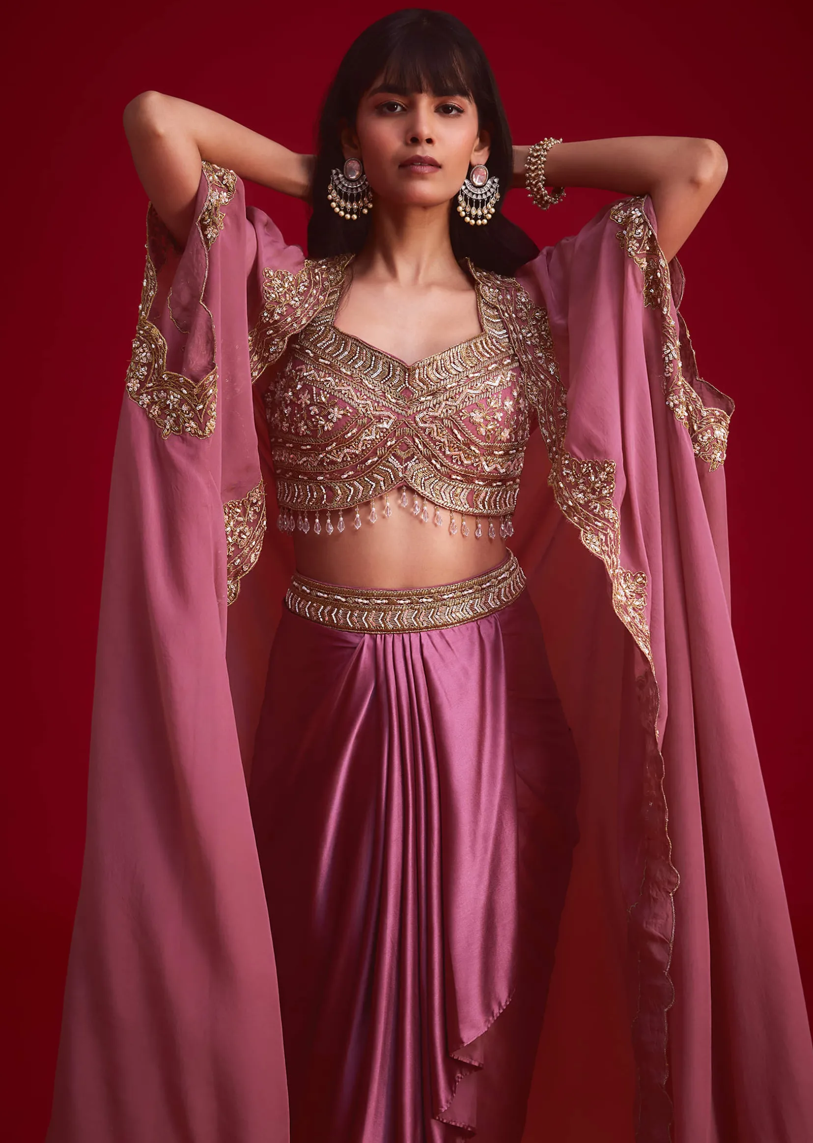 Mulberry Pink Embroidered Croptop And Draped Skirt With Organza Jacket