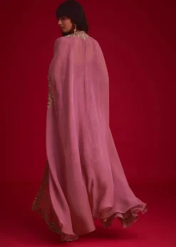 Mulberry Pink Embroidered Croptop And Draped Skirt With Organza Jacket