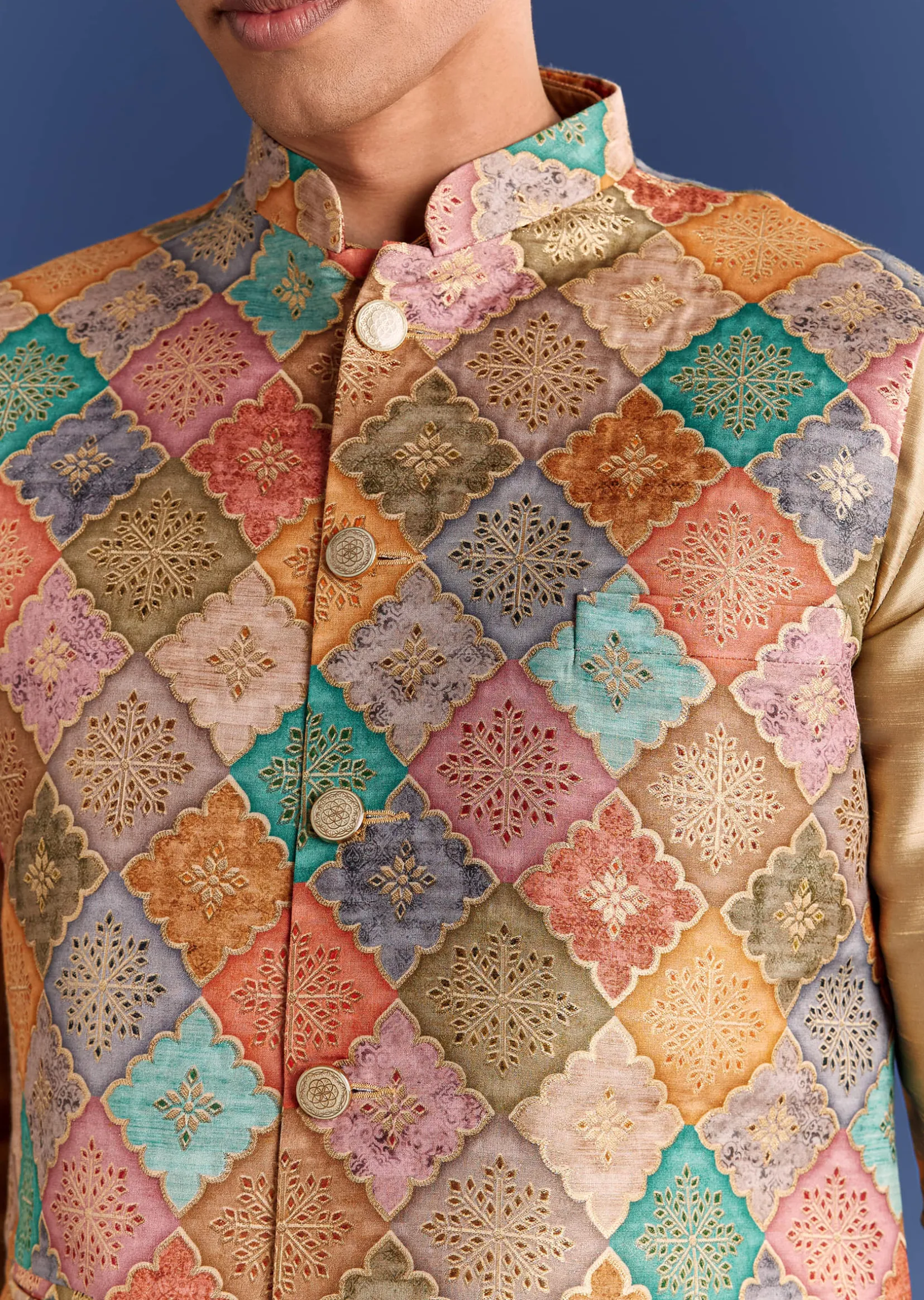 Multi Brocade Kurta Jacket Set With Symmetric Prints