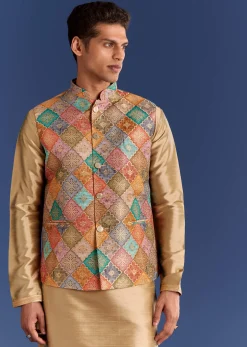 Multi Brocade Kurta Jacket Set With Symmetric Prints
