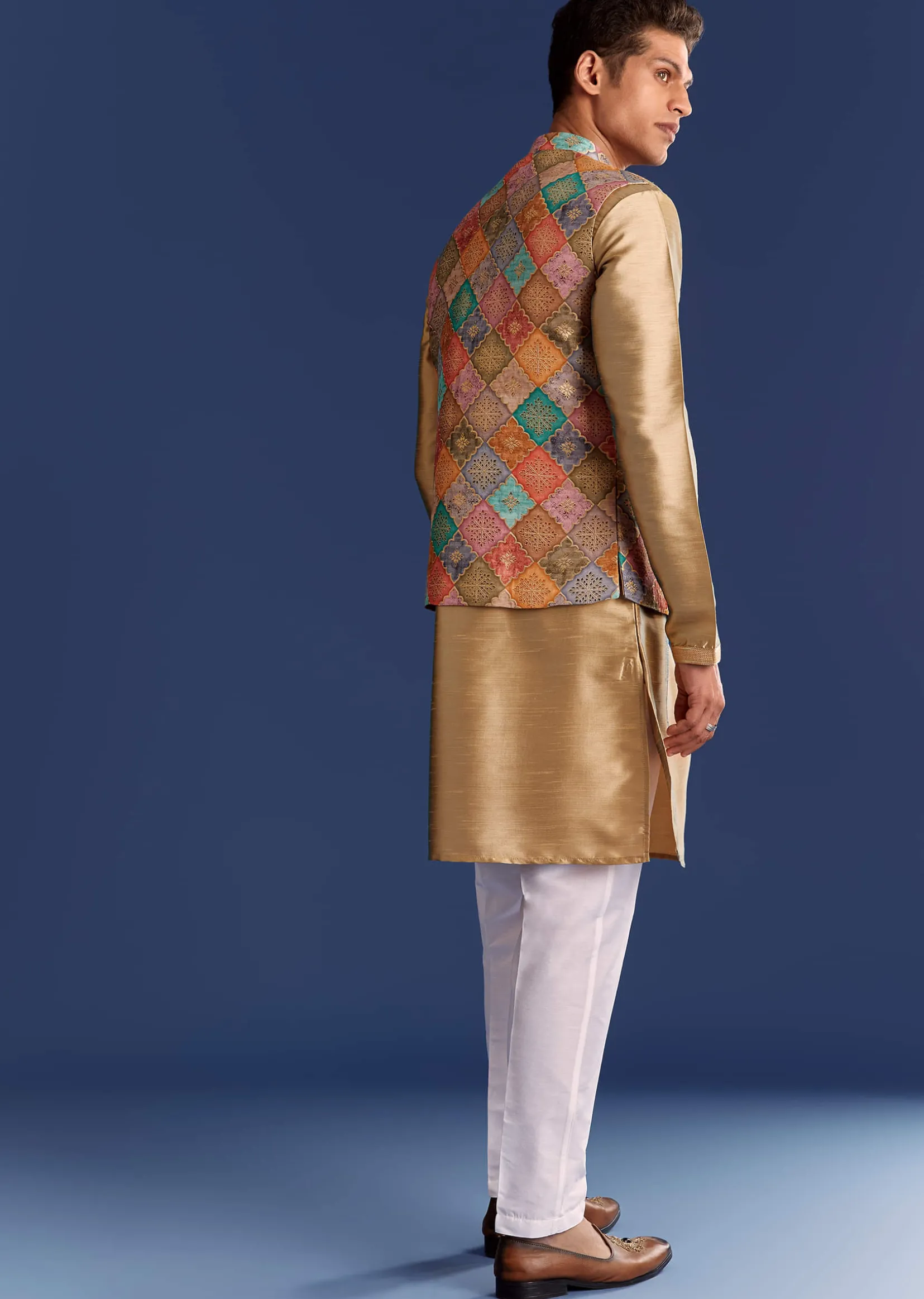 Multi Brocade Kurta Jacket Set With Symmetric Prints