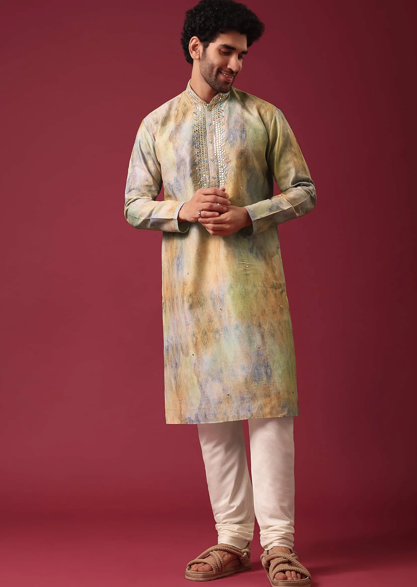 Multi Color Kurta Set With Mirror Work In Silk Fabric