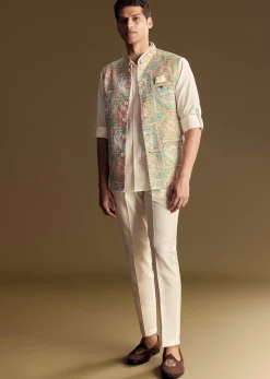 Multi Color Linen Jacket and Shirt Featuring Kantha Detailing