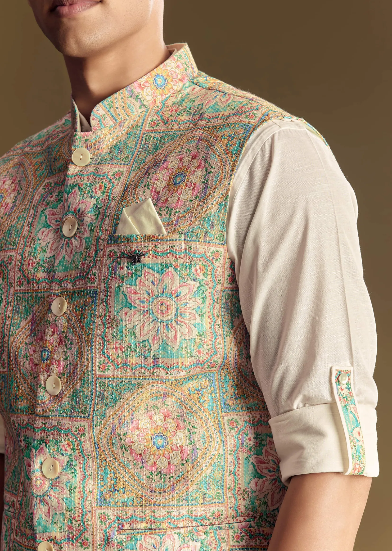 Multi Color Linen Jacket and Shirt Featuring Kantha Detailing