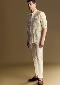 Multi Color Linen Jacket and Shirt Featuring Kantha Detailing