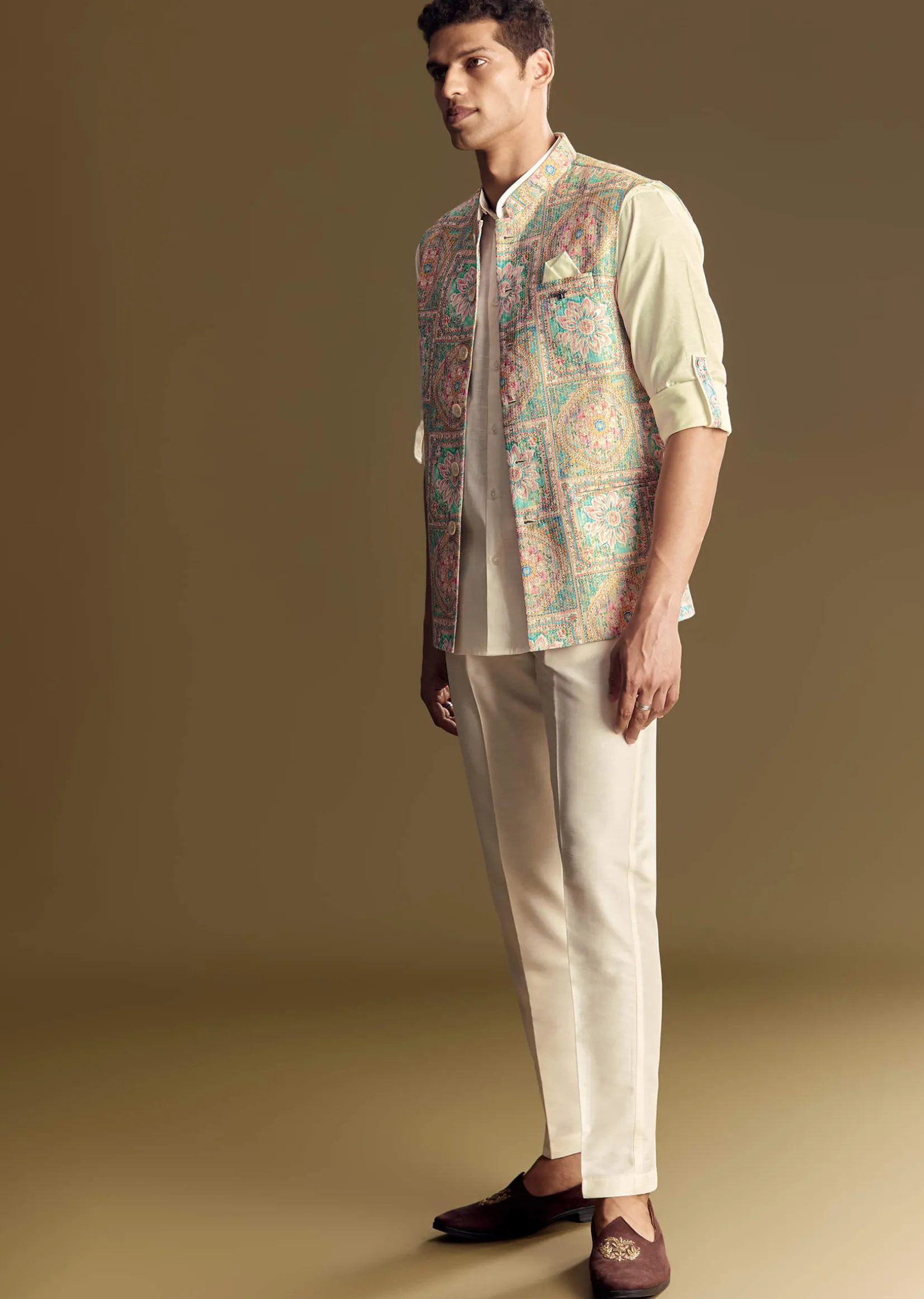 Multi Color Linen Jacket and Shirt Featuring Kantha Detailing