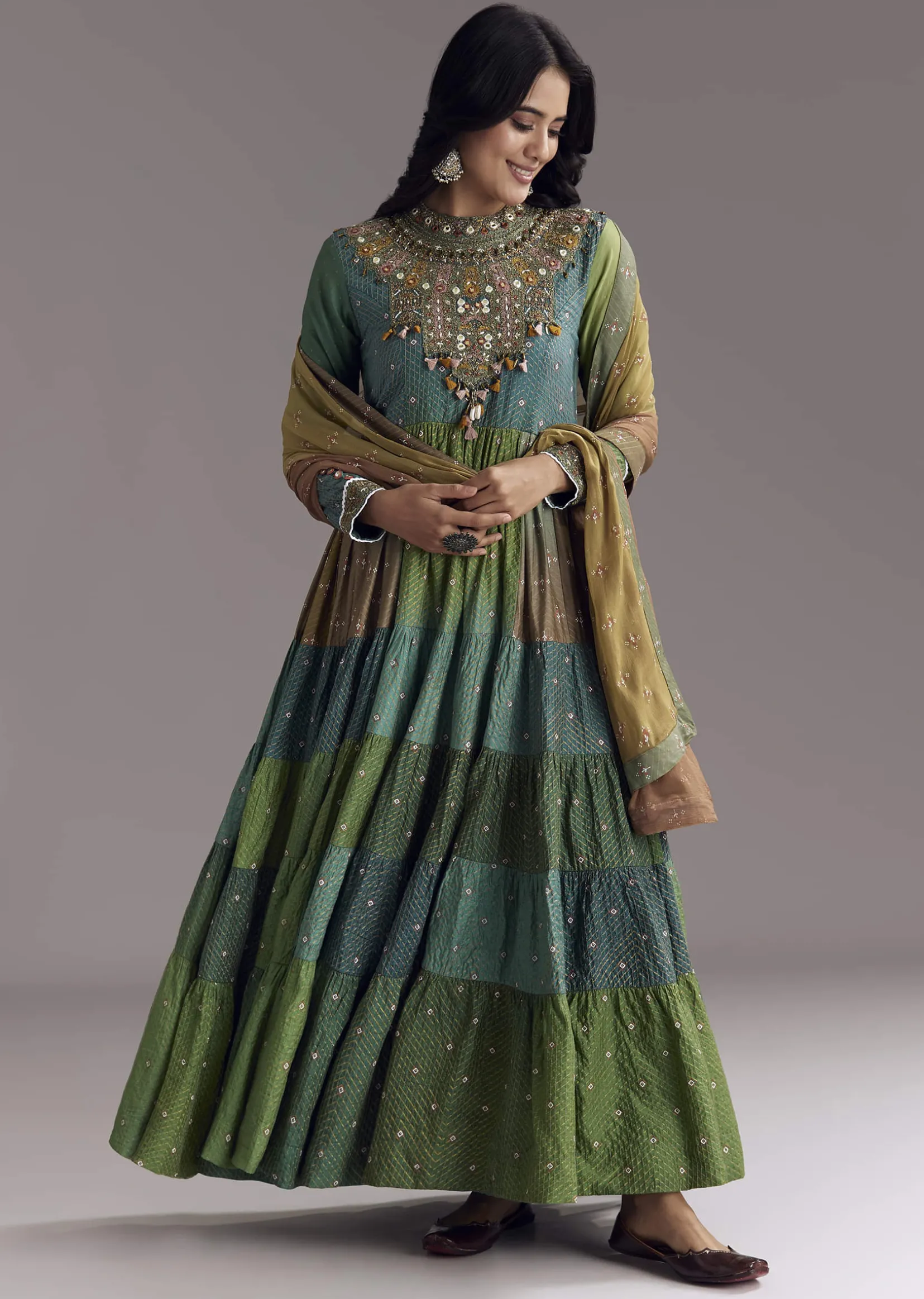 Multi Color Printed Chanderi Anarkali With Stitch Work