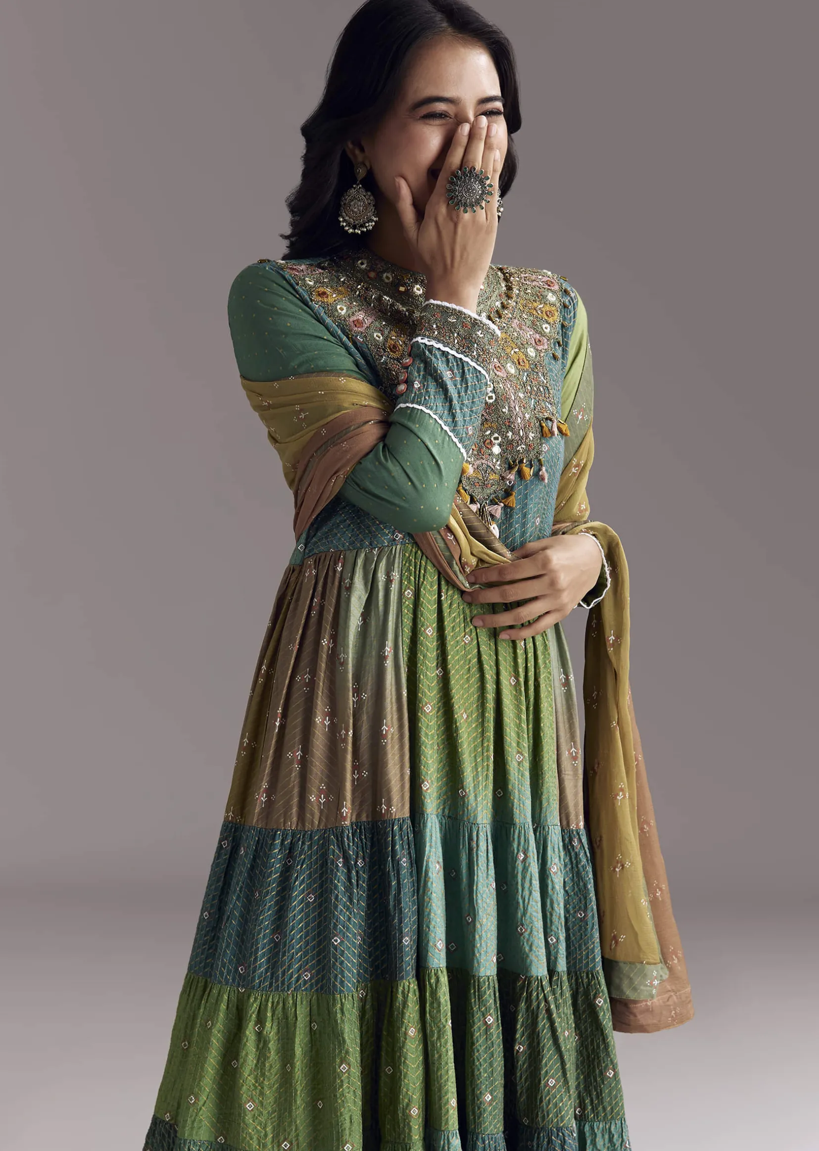 Multi Color Printed Chanderi Anarkali With Stitch Work
