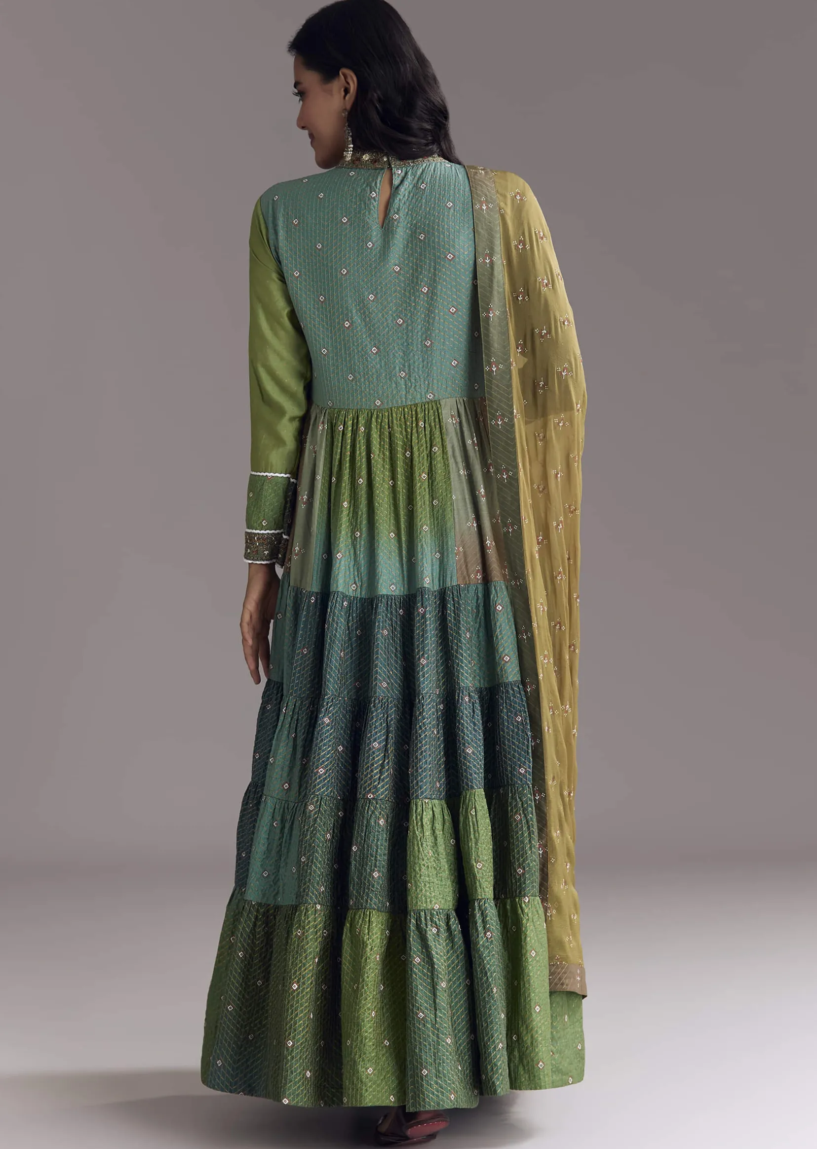 Multi Color Printed Chanderi Anarkali With Stitch Work