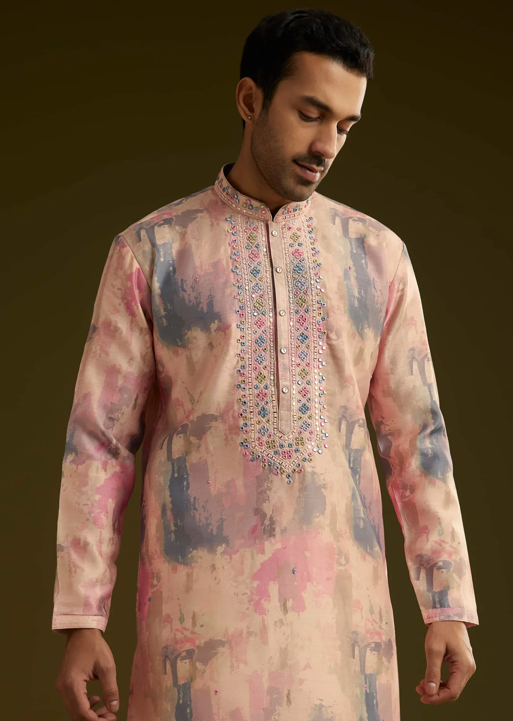 Multi Colored Abstract Printed Silk Kurta Set