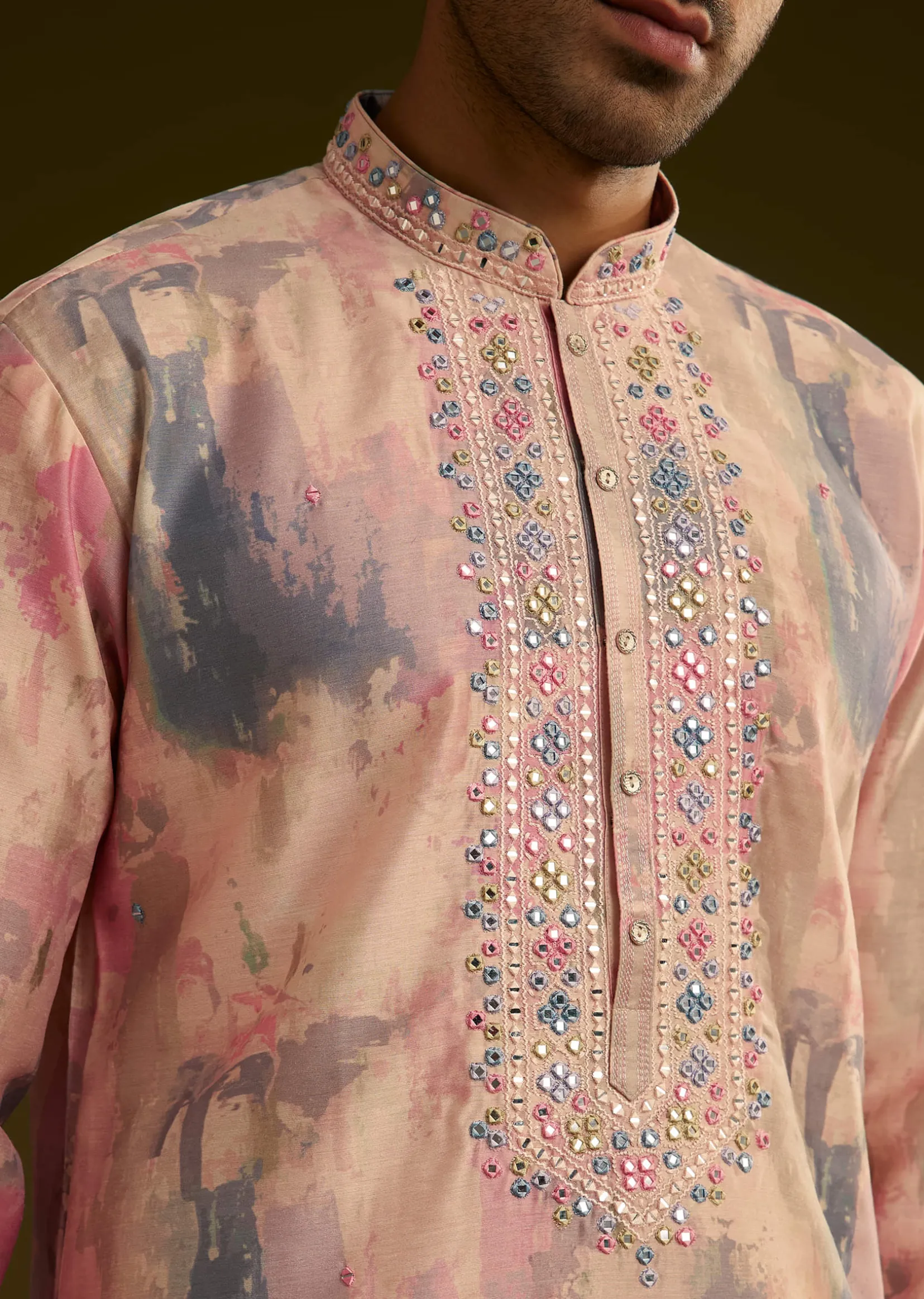 Multi Colored Abstract Printed Silk Kurta Set