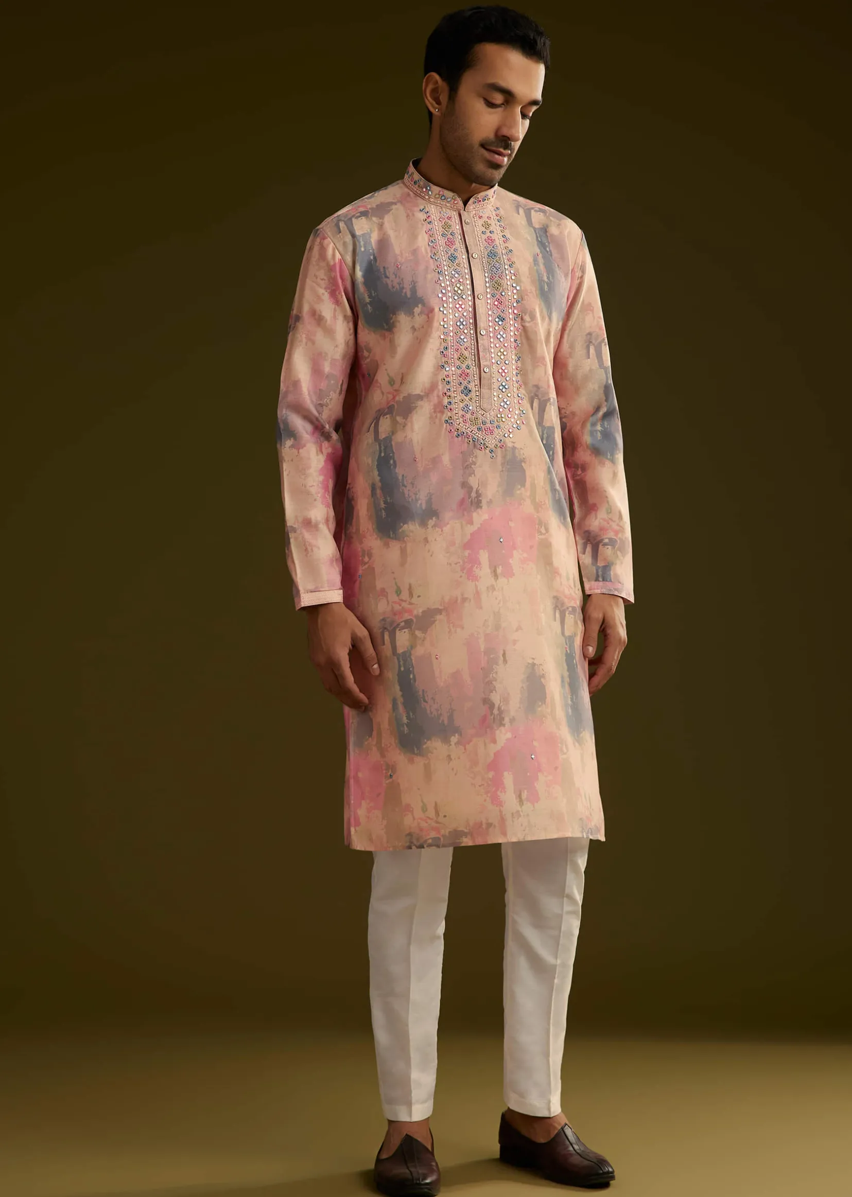 Multi Colored Abstract Printed Silk Kurta Set