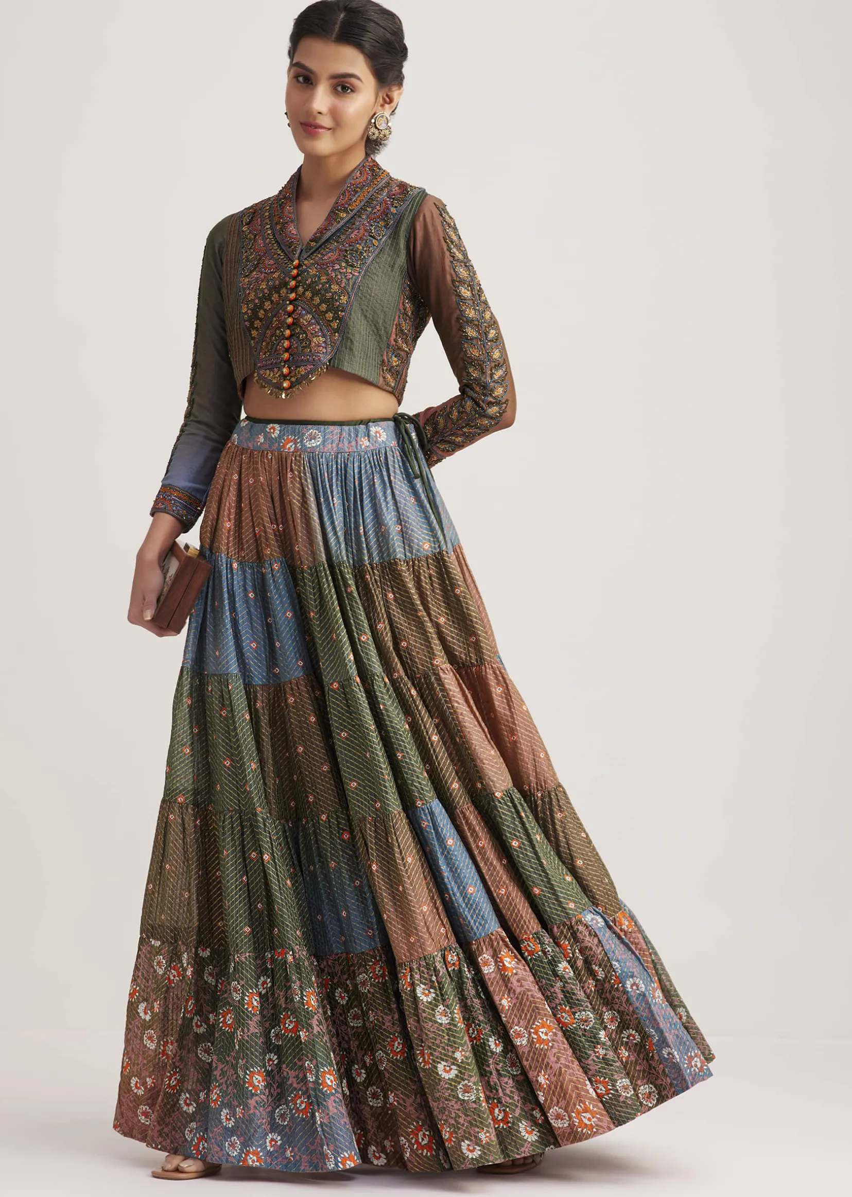 Multi Colored Chanderi Skirt Set With Kantha Embroidery