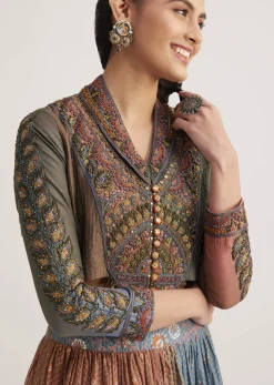 Multi Colored Chanderi Skirt Set With Kantha Embroidery