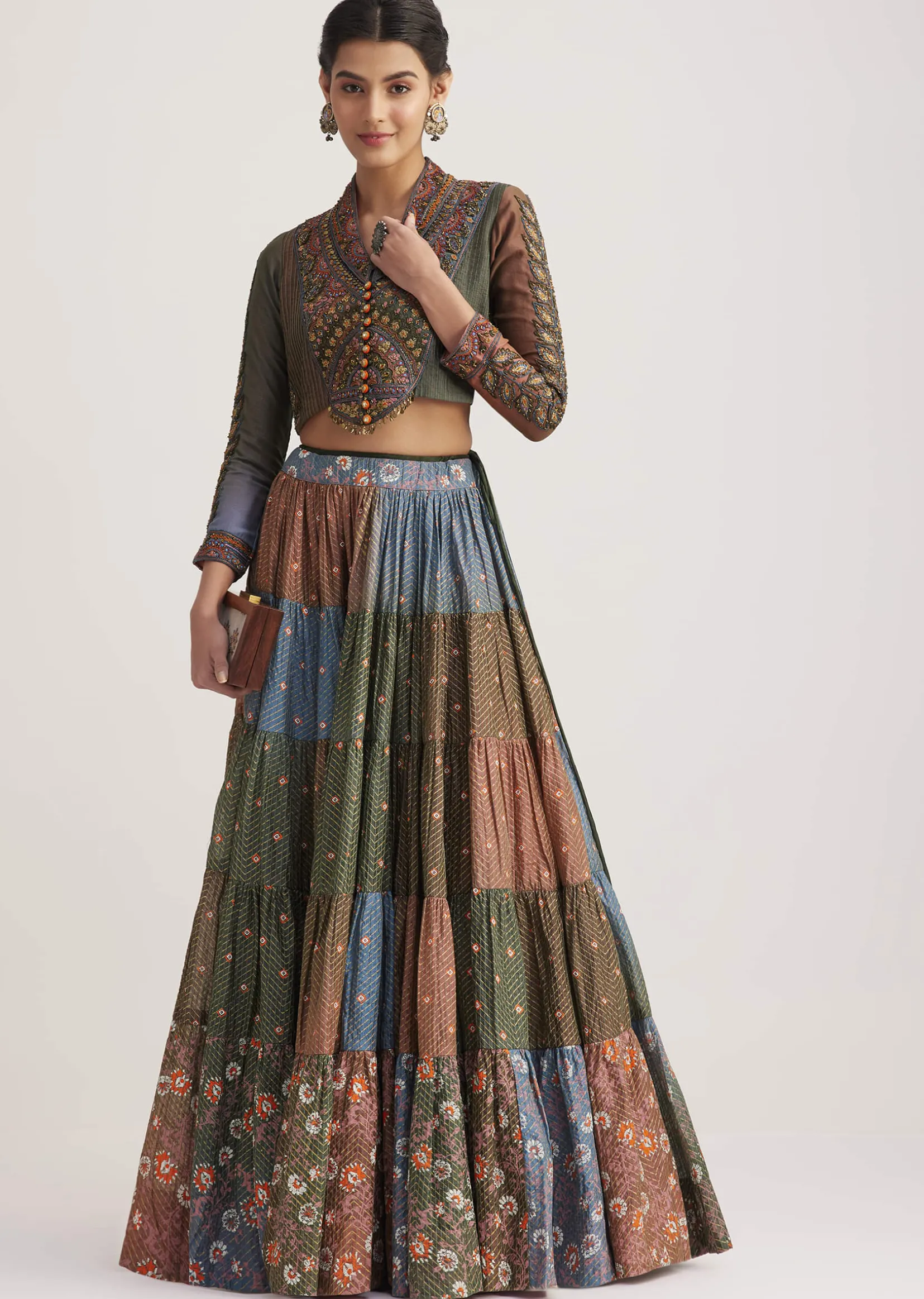 Multi Colored Chanderi Skirt Set With Kantha Embroidery