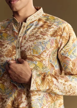 Multi Colored Linen Kurta Set With Floral And Foil Highlights