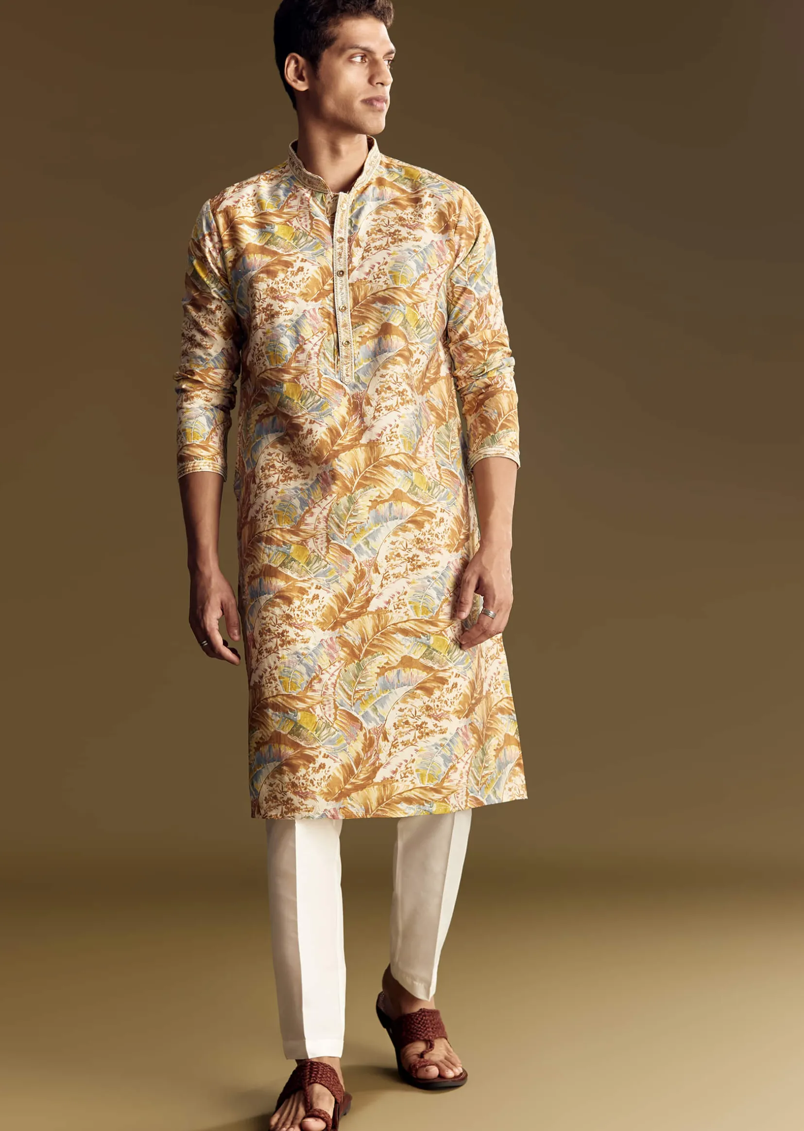 Multi Colored Linen Kurta Set With Floral And Foil Highlights