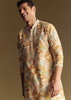 Multi Colored Linen Kurta Set With Floral And Foil Highlights