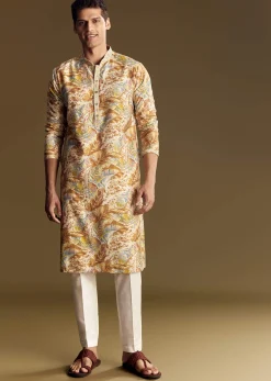 Multi Colored Linen Kurta Set With Floral And Foil Highlights