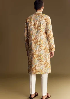 Multi Colored Linen Kurta Set With Floral And Foil Highlights