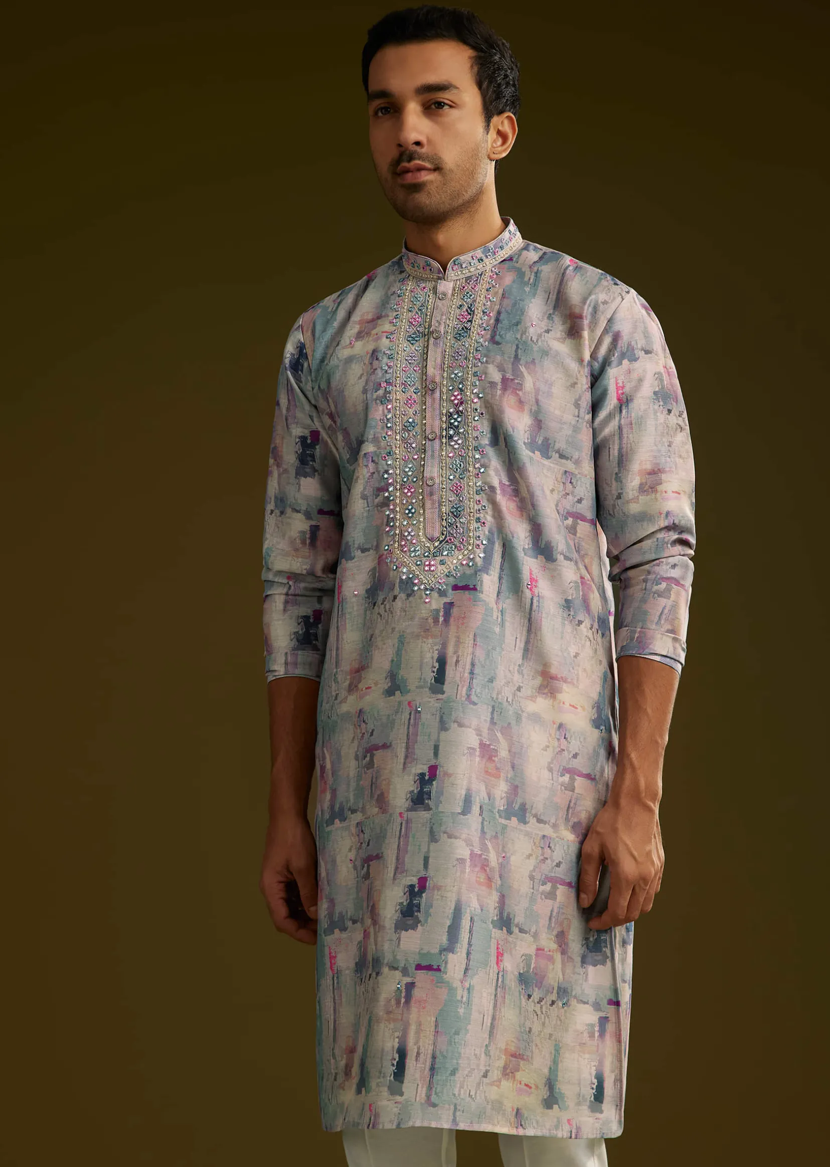 Multi Colored Silk Kurta Set With Abstract Print