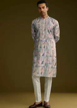 Multi Colored Silk Kurta Set With Abstract Print