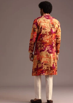 Multi Colour Abstract Printed Kurta Pant Set With Mandarin Collar