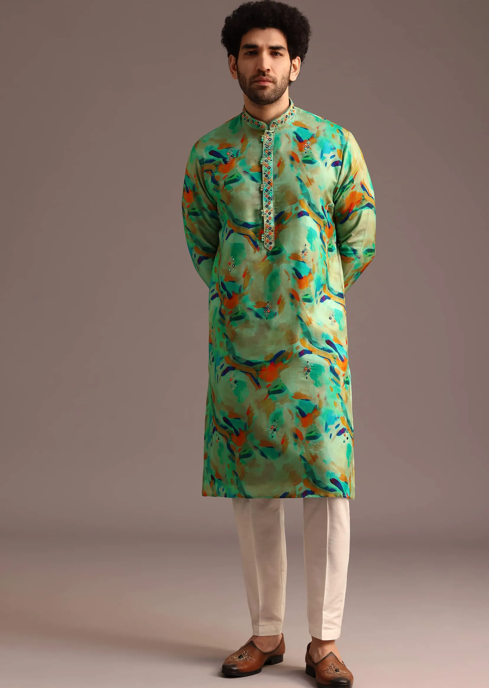 Multi Colour Silk Kurta And Pant With Abstract Print