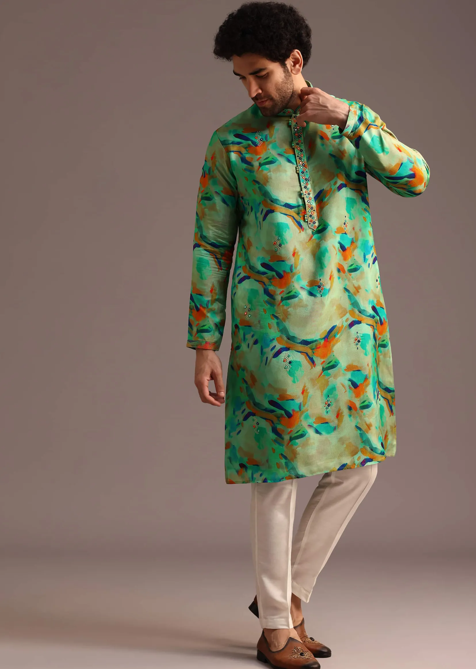 Multi Colour Silk Kurta And Pant With Abstract Print