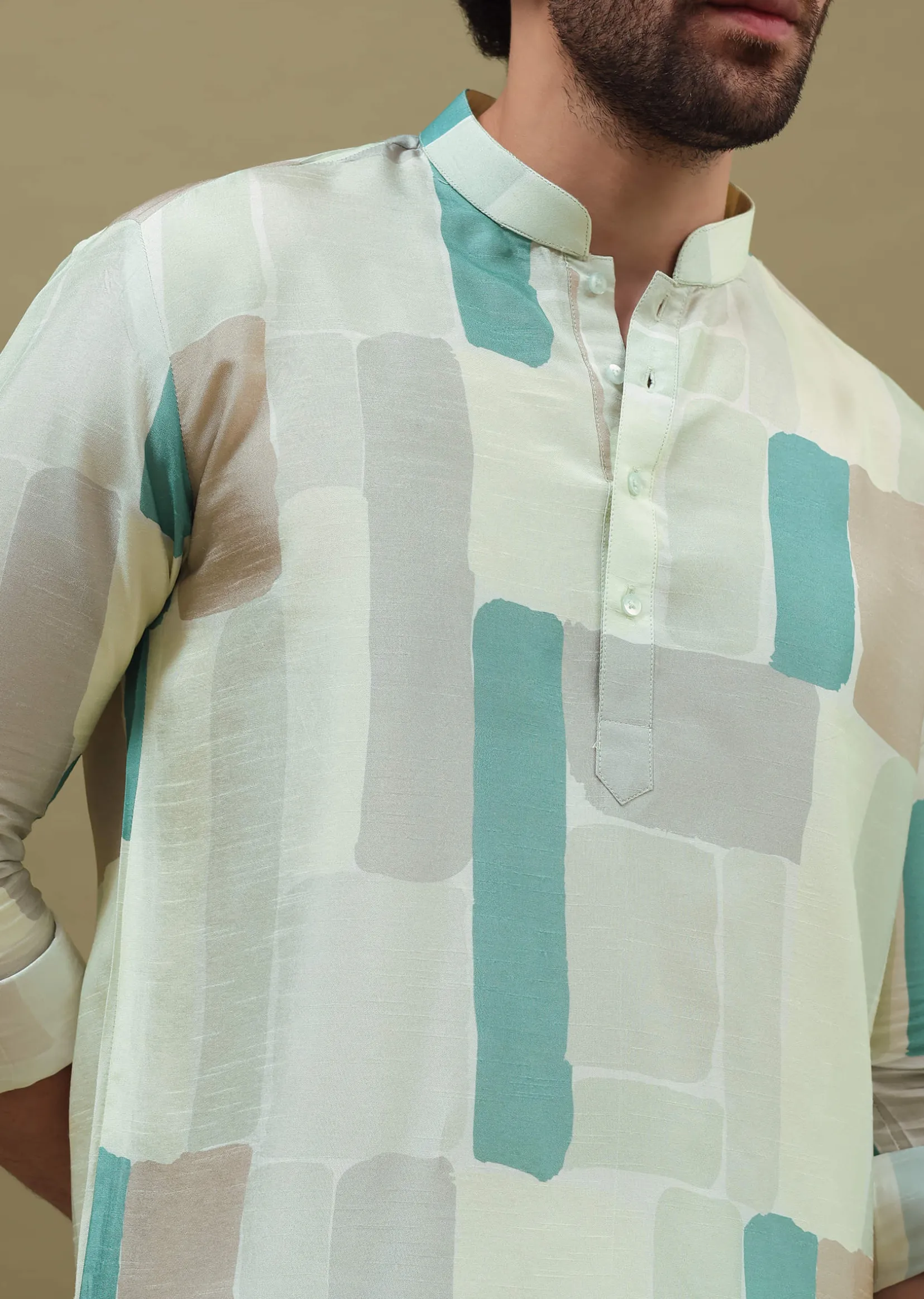 Multi Colour Silk Printed Kurta Set For Men