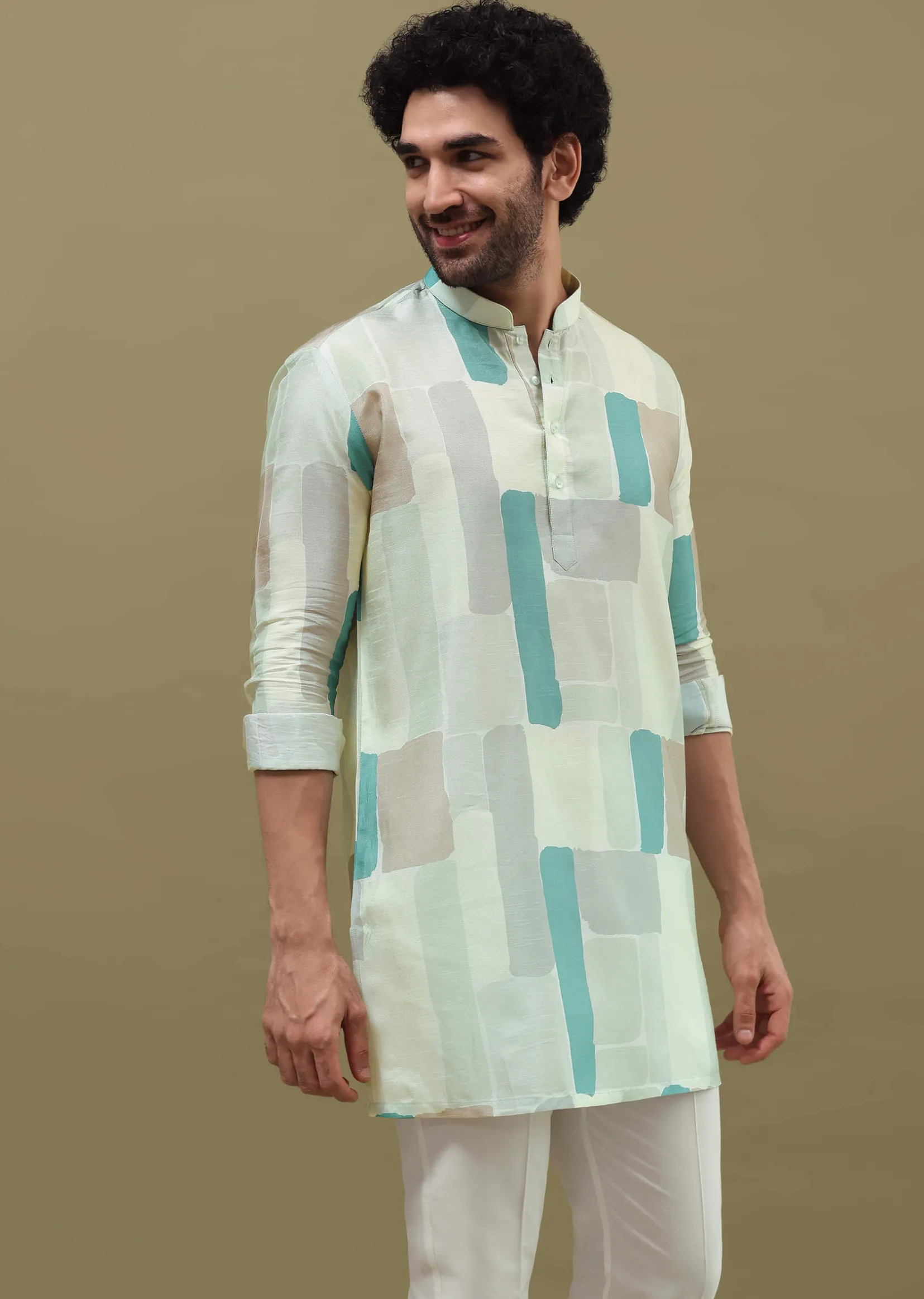 Multi Colour Silk Printed Kurta Set For Men