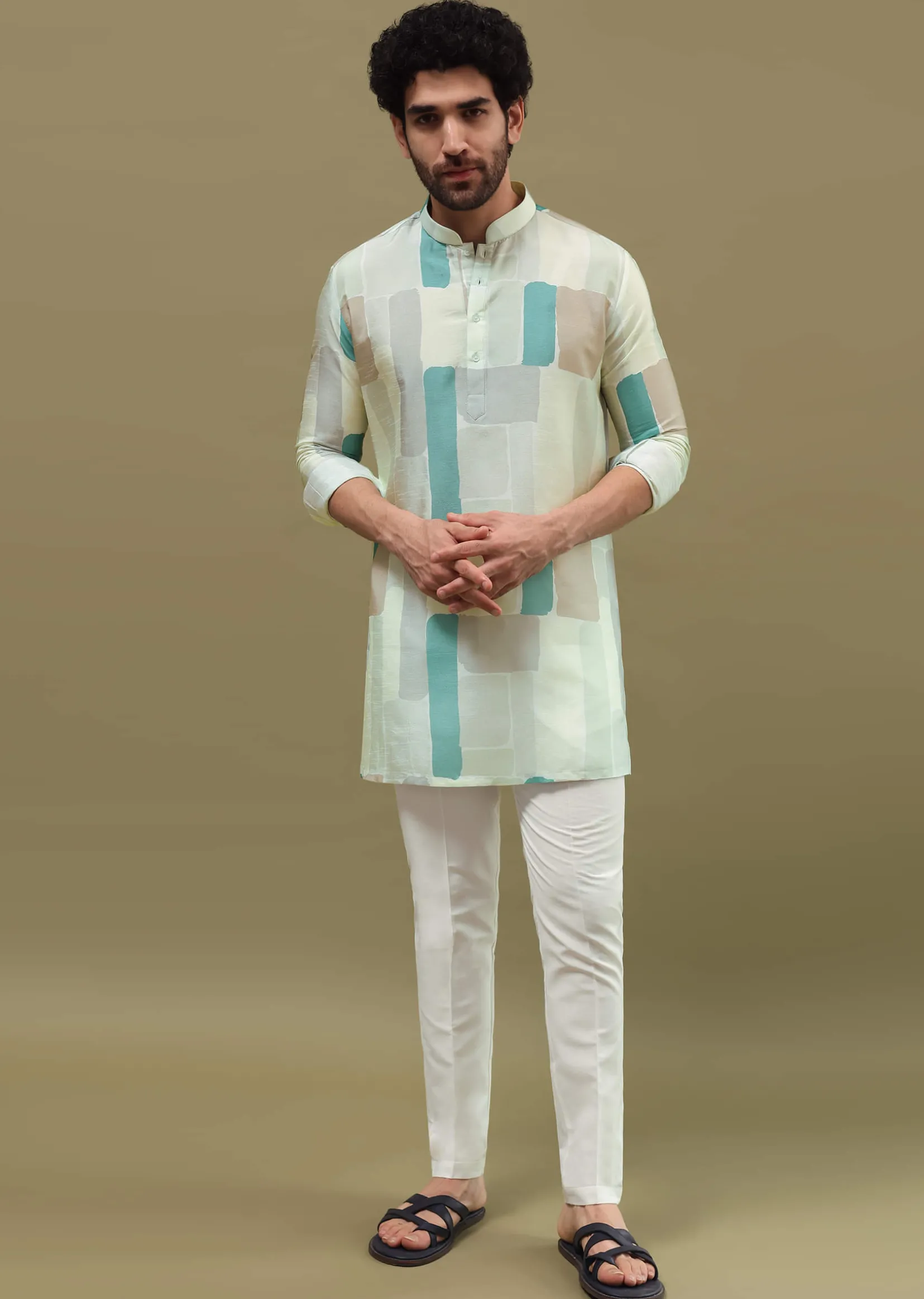 Multi Colour Silk Printed Kurta Set For Men