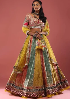Multi Coloured Brocade Lehenga With Bandhani Print And Heavy Mirror Work On The Border