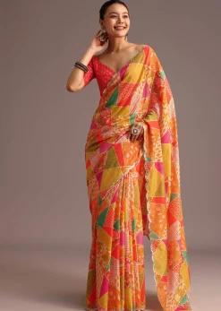 Multi Coloured Printed Muslin Saree With Unstitched Blouse