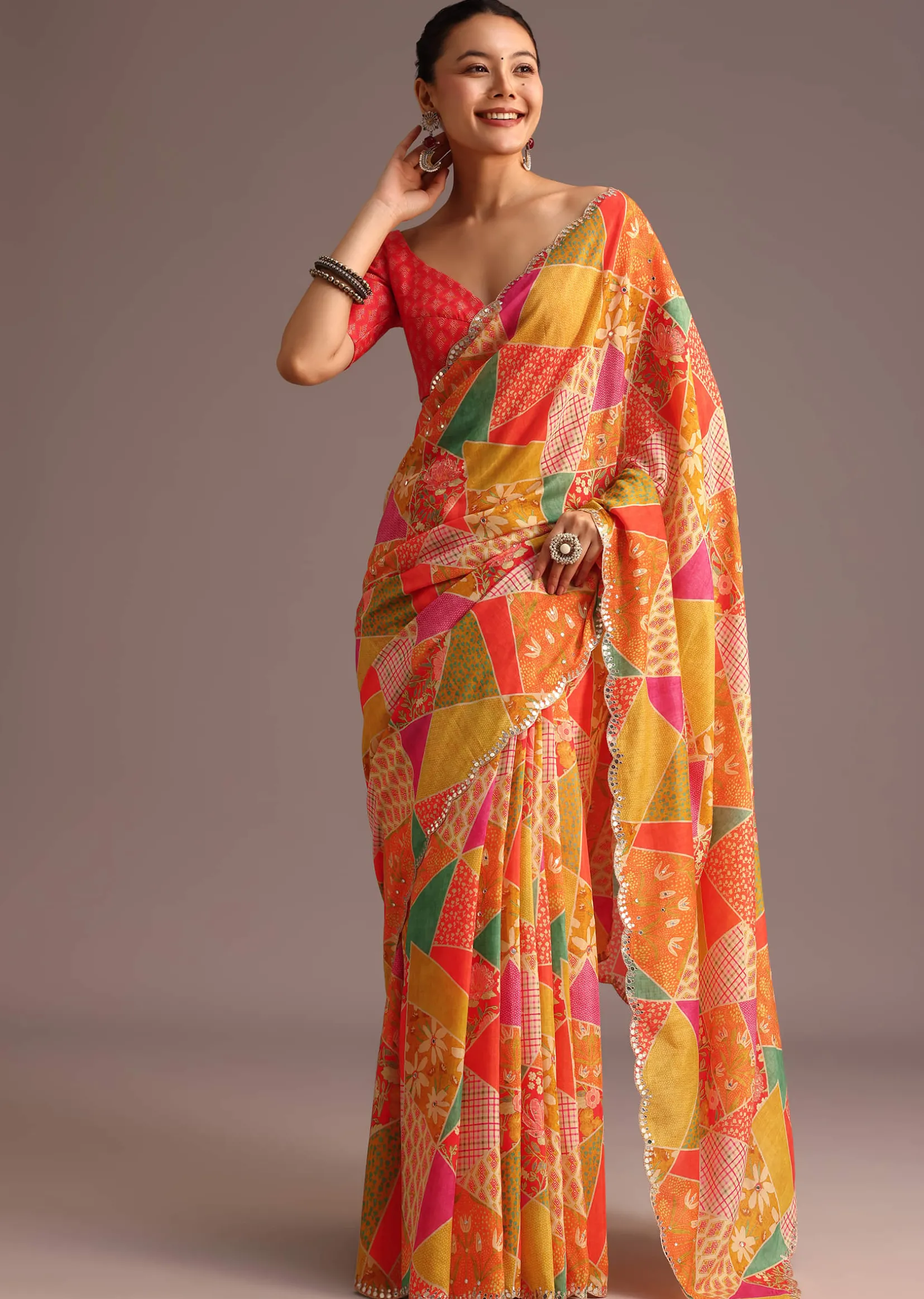 Multi Coloured Printed Muslin Saree With Unstitched Blouse